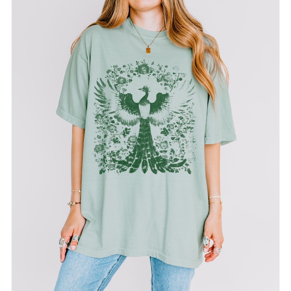 Majestic Phoenix Rising Graphic Tee with Floral Botanical Design